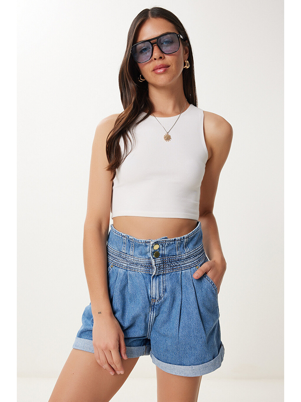 Mavi Yüksek Bel Denim Şort AÇIK MAVİ LUT0019-2