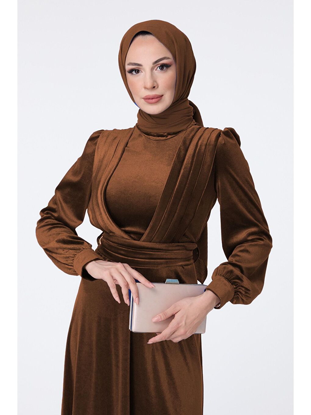Düz Hakim Yaka Kadın Kahverengi Abiye Elbise - 23428-2