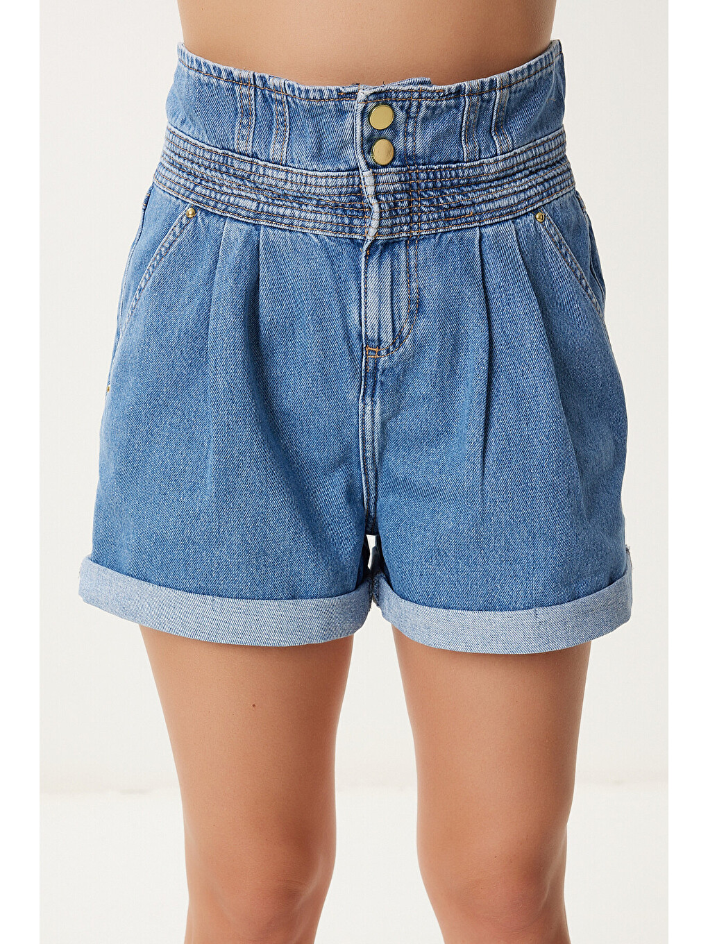 Mavi Yüksek Bel Denim Şort AÇIK MAVİ LUT0019-3