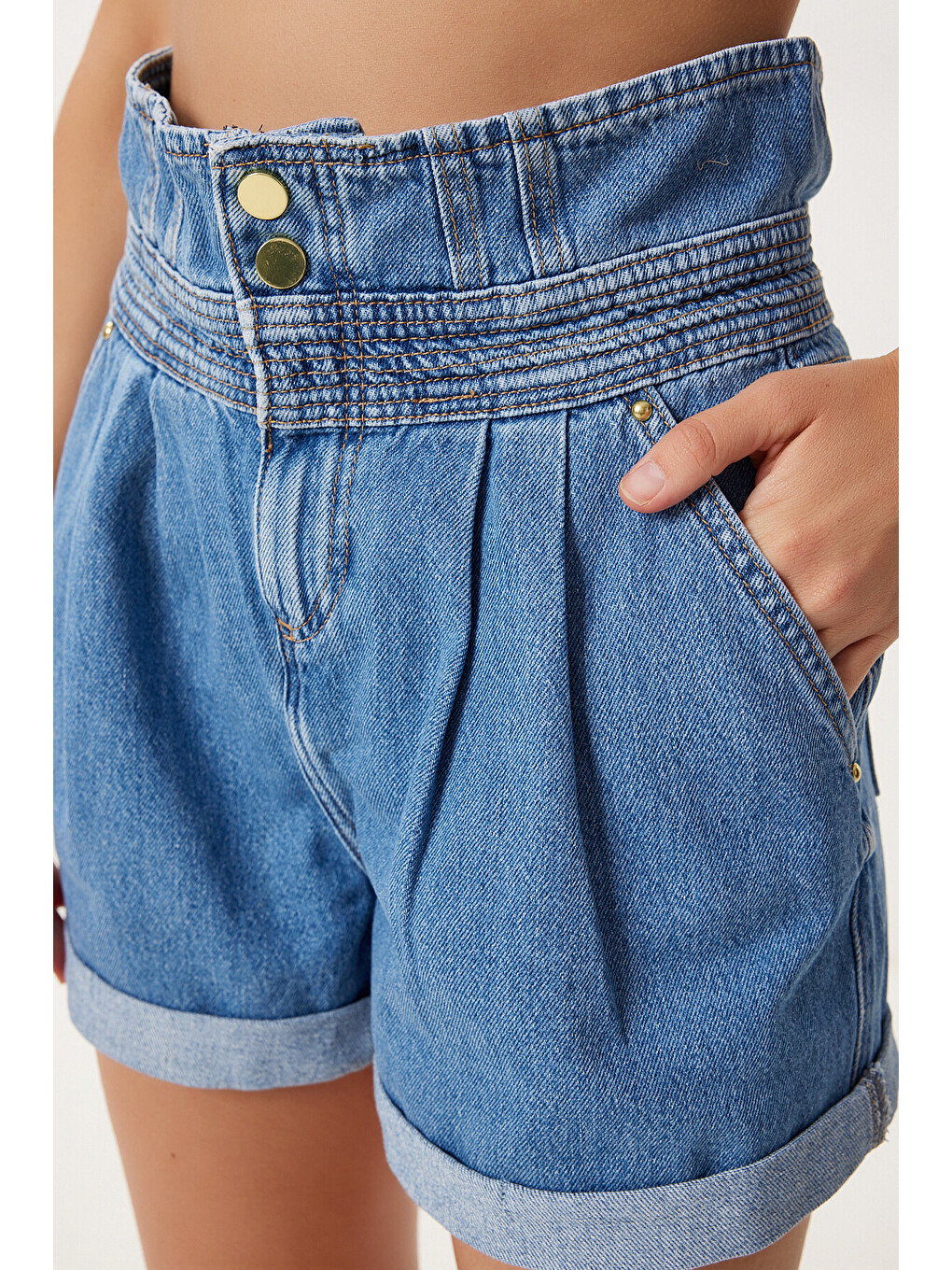 Mavi Yüksek Bel Denim Şort AÇIK MAVİ LUT0019-4