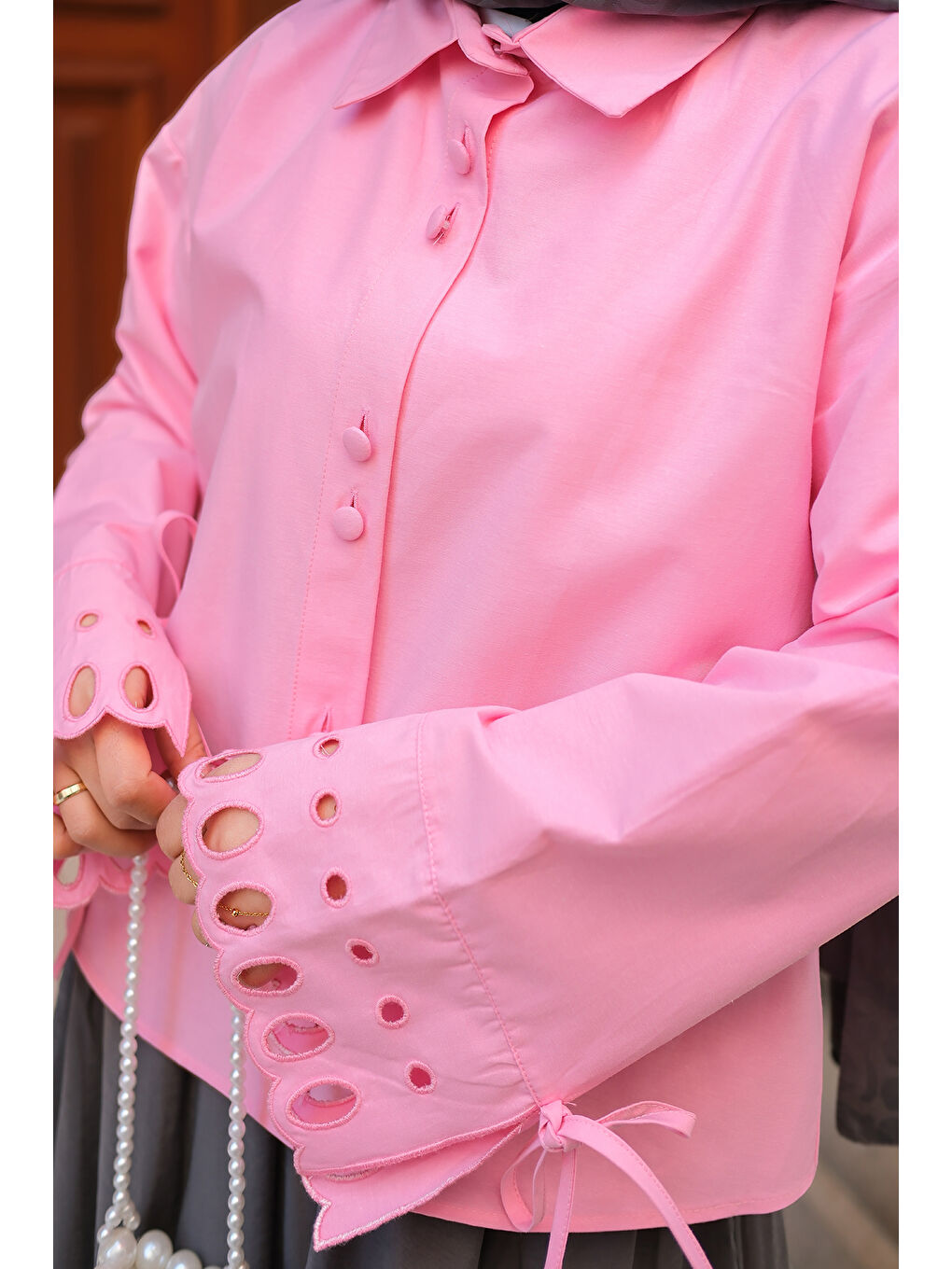 Kadın Kolu Nakışlı Gömlek Pembe-4