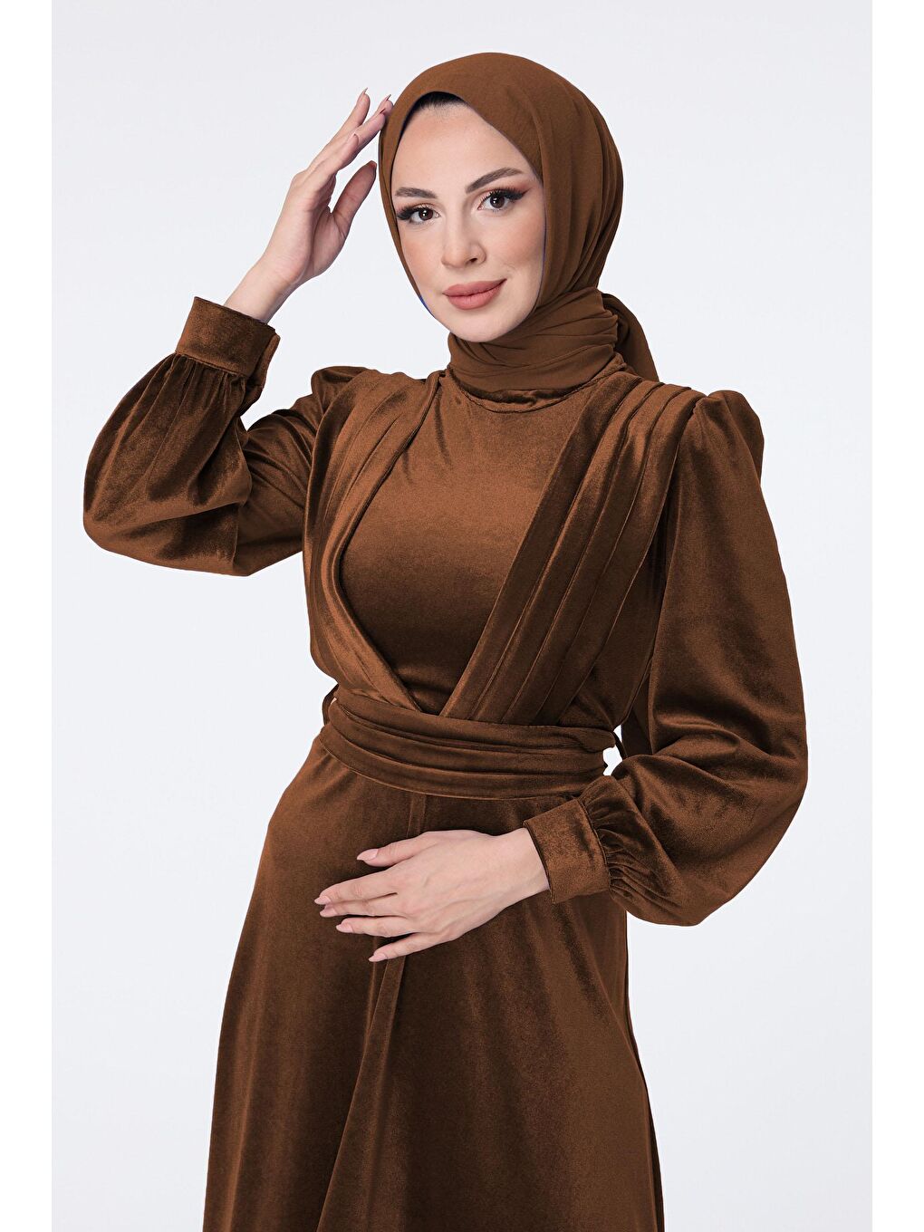 Düz Hakim Yaka Kadın Kahverengi Abiye Elbise - 23428-3