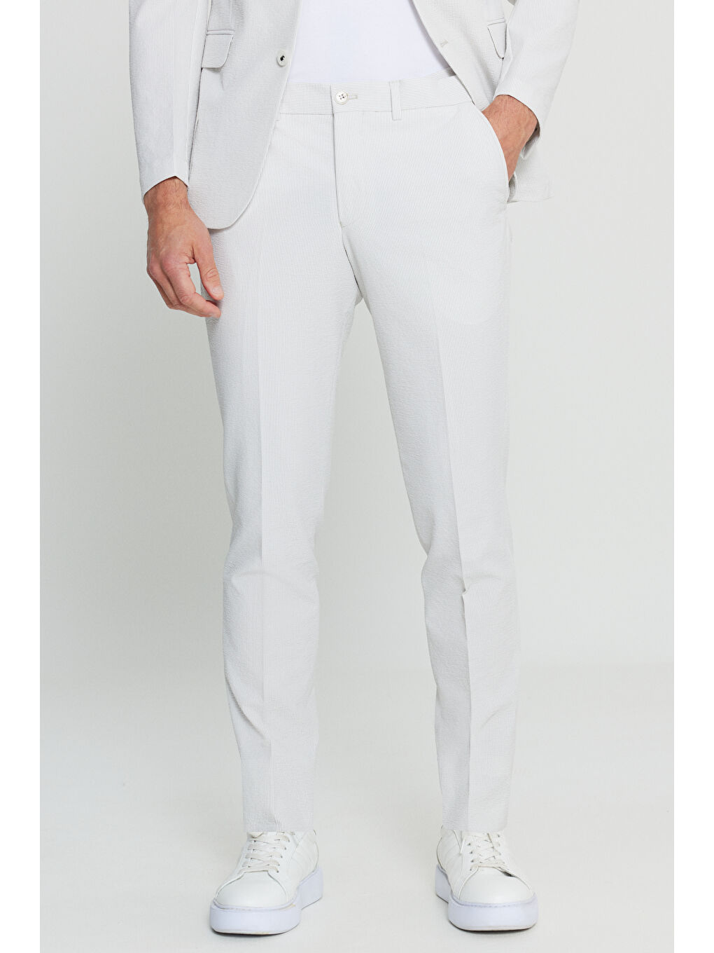 Erkek Ekru Slim Fit Dar Kesim Çizgili Gofre Desenli Kapak Cepli Esnek Takım Elbise-4