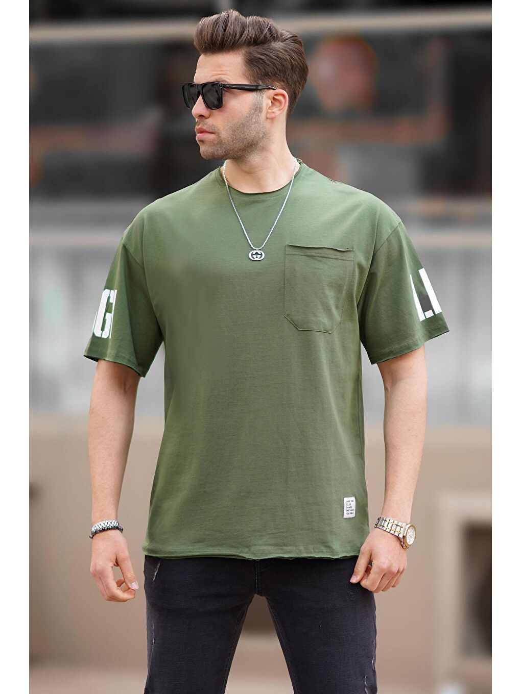 Haki Cep Detaylı Kolu Baskılı Basic Erkek %100 Pamuk Tişört 7016-1