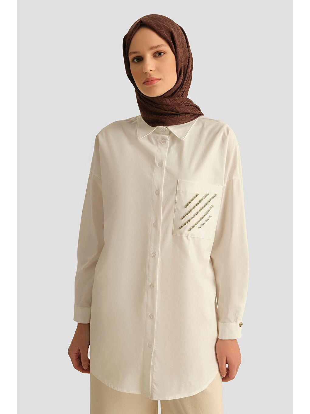 Trend Zincir Detaylı Gömlek 25Yt306 Ekru-3