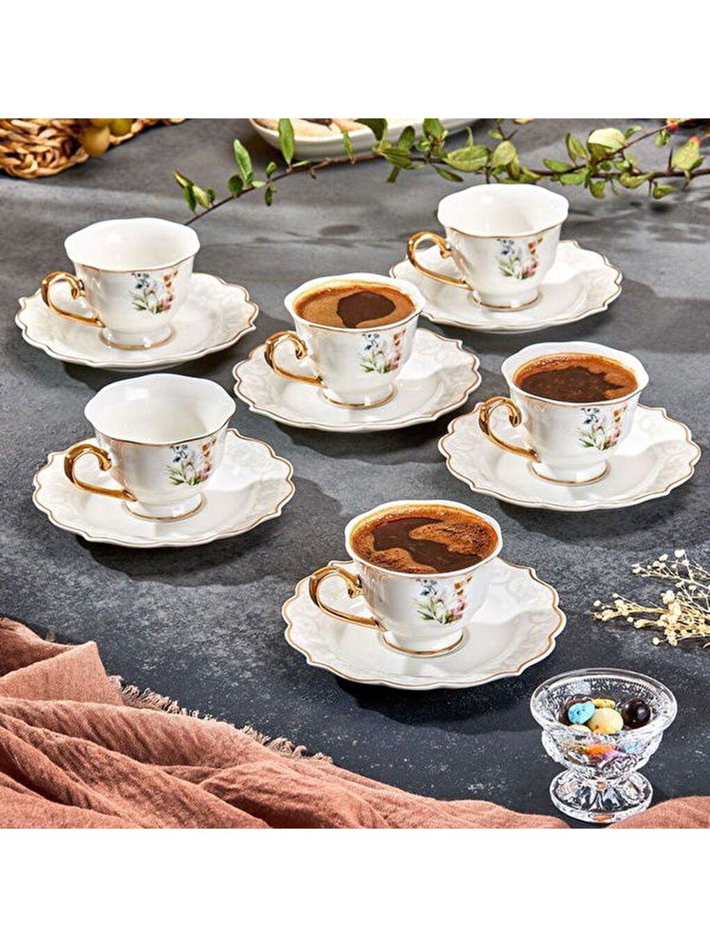 Valeria Çiçekli 6'lı Kahve Fincanı - Beyaz / Sarı