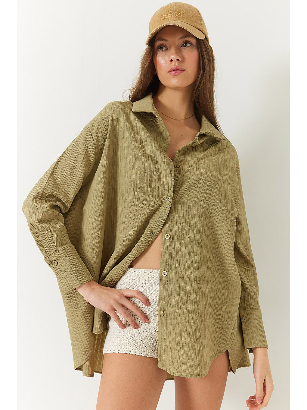 Haki Kadın Düşük Omuz Oversize Basic Bürümcük Gömlek