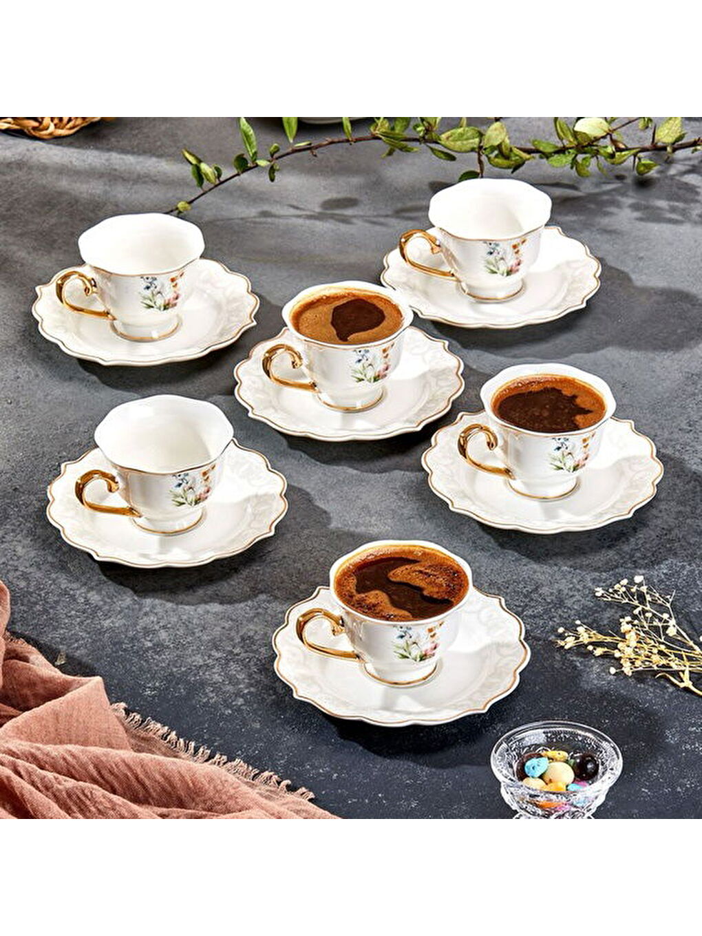 Valeria Çiçekli 6'lı Kahve Fincanı - Beyaz / Sarı-1