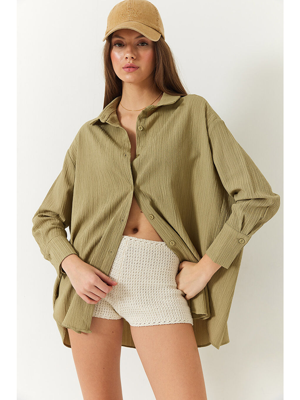 Haki Kadın Düşük Omuz Oversize Basic Bürümcük Gömlek-1