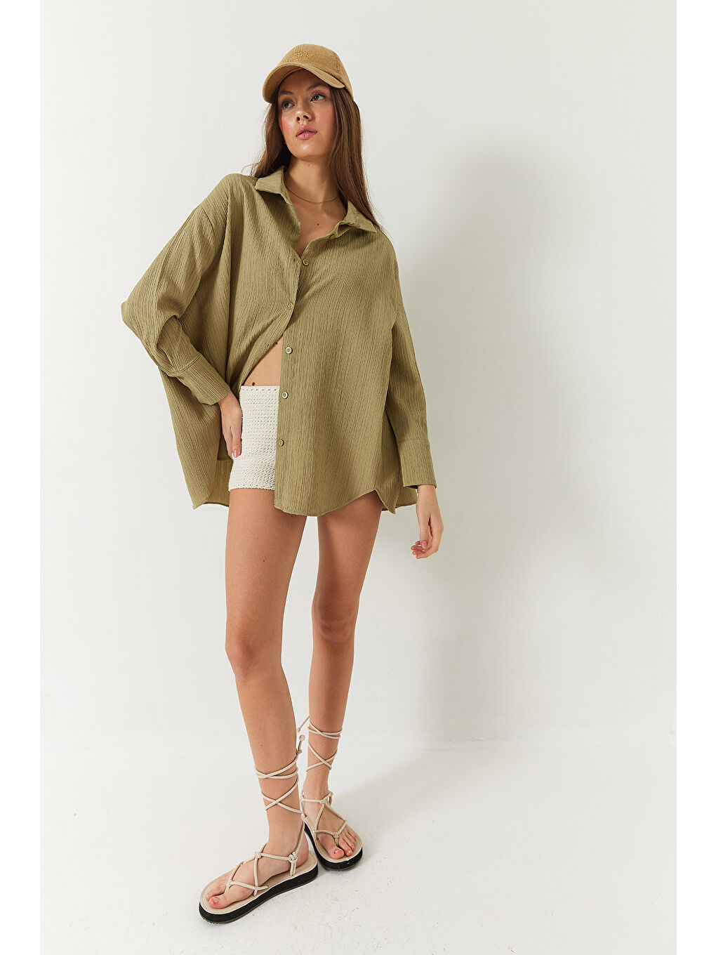 Haki Kadın Düşük Omuz Oversize Basic Bürümcük Gömlek-2