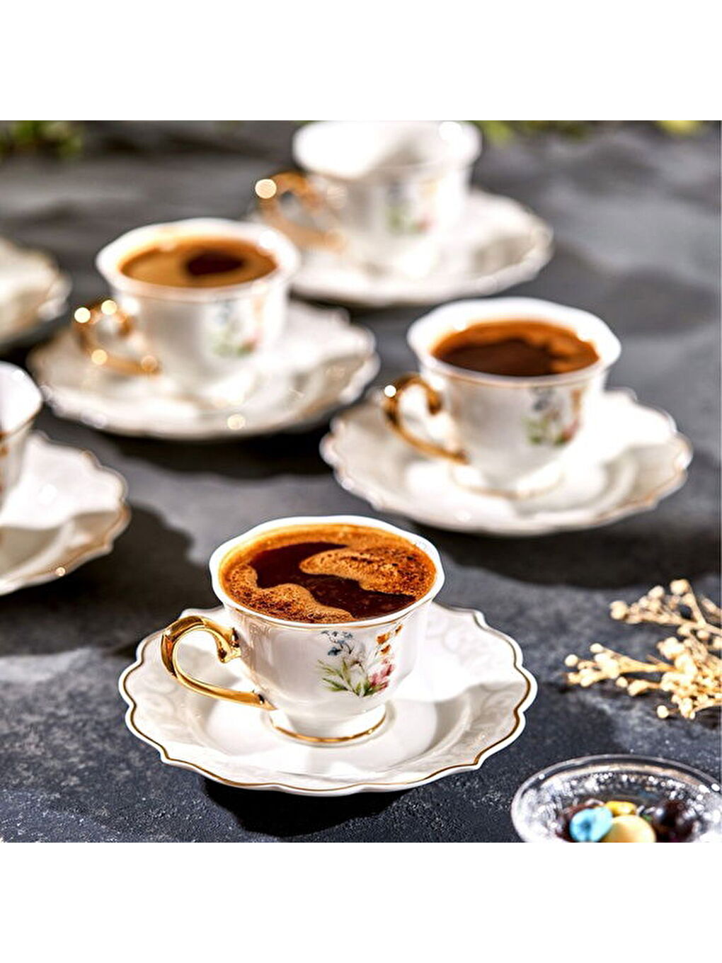 Valeria Çiçekli 6'lı Kahve Fincanı - Beyaz / Sarı-6