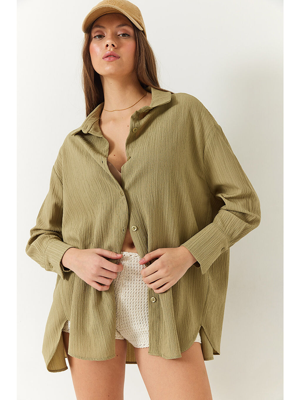 Haki Kadın Düşük Omuz Oversize Basic Bürümcük Gömlek-4