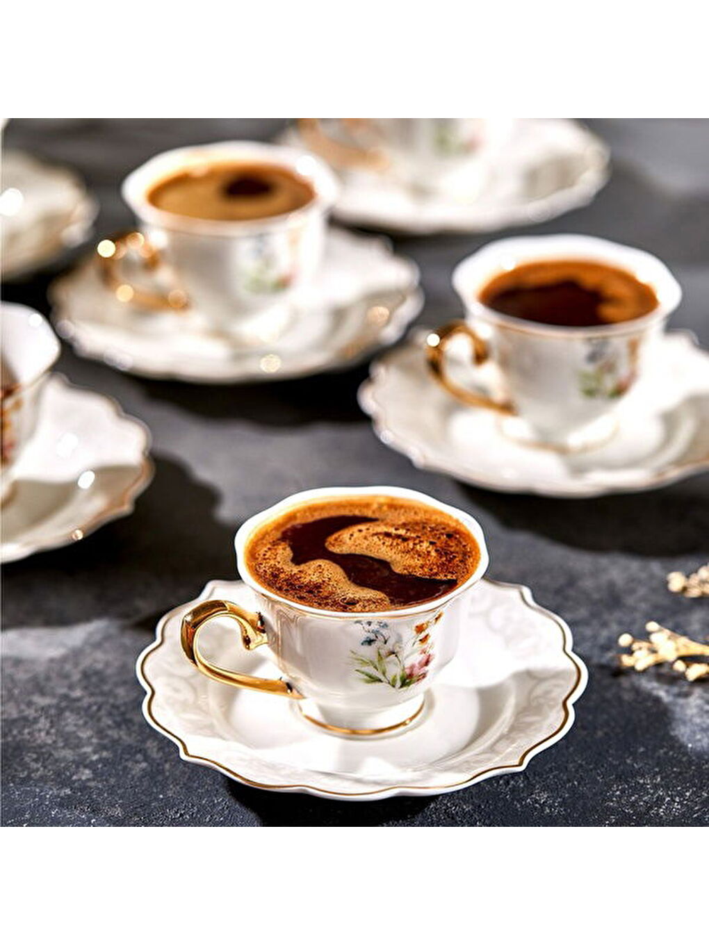 Valeria Çiçekli 6'lı Kahve Fincanı - Beyaz / Sarı-7