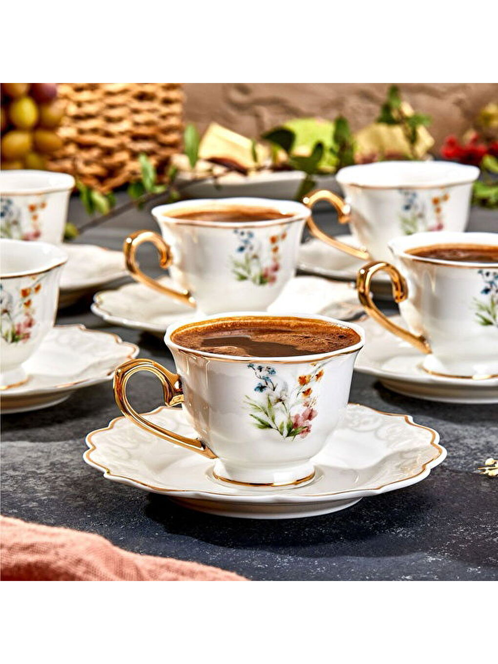 Valeria Çiçekli 6'lı Kahve Fincanı - Beyaz / Sarı-9