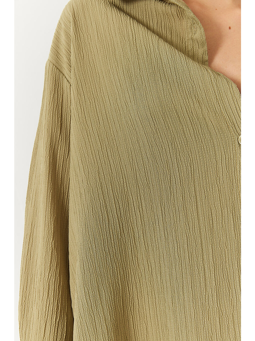 Haki Kadın Düşük Omuz Oversize Basic Bürümcük Gömlek-5