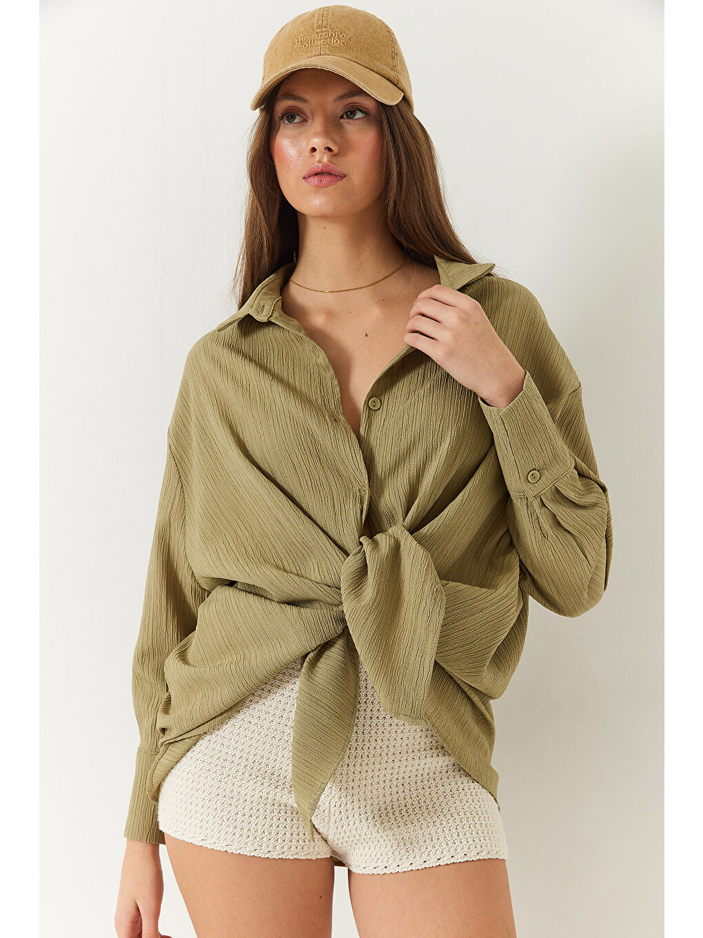 Haki Kadın Düşük Omuz Oversize Basic Bürümcük Gömlek-6