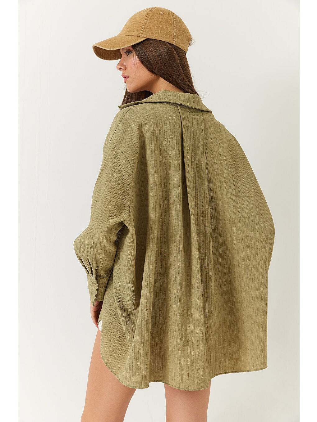 Haki Kadın Düşük Omuz Oversize Basic Bürümcük Gömlek-7