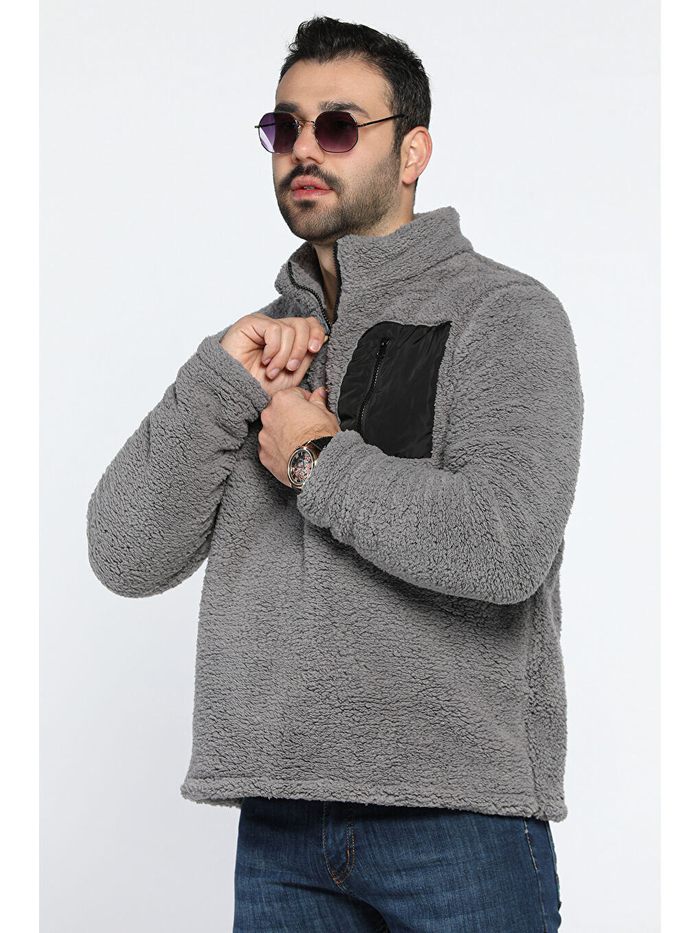 Mishar İtalia Gri Erkek Dik Yaka Yarım Fermuarlı Pelüş Sweatshirt - 1