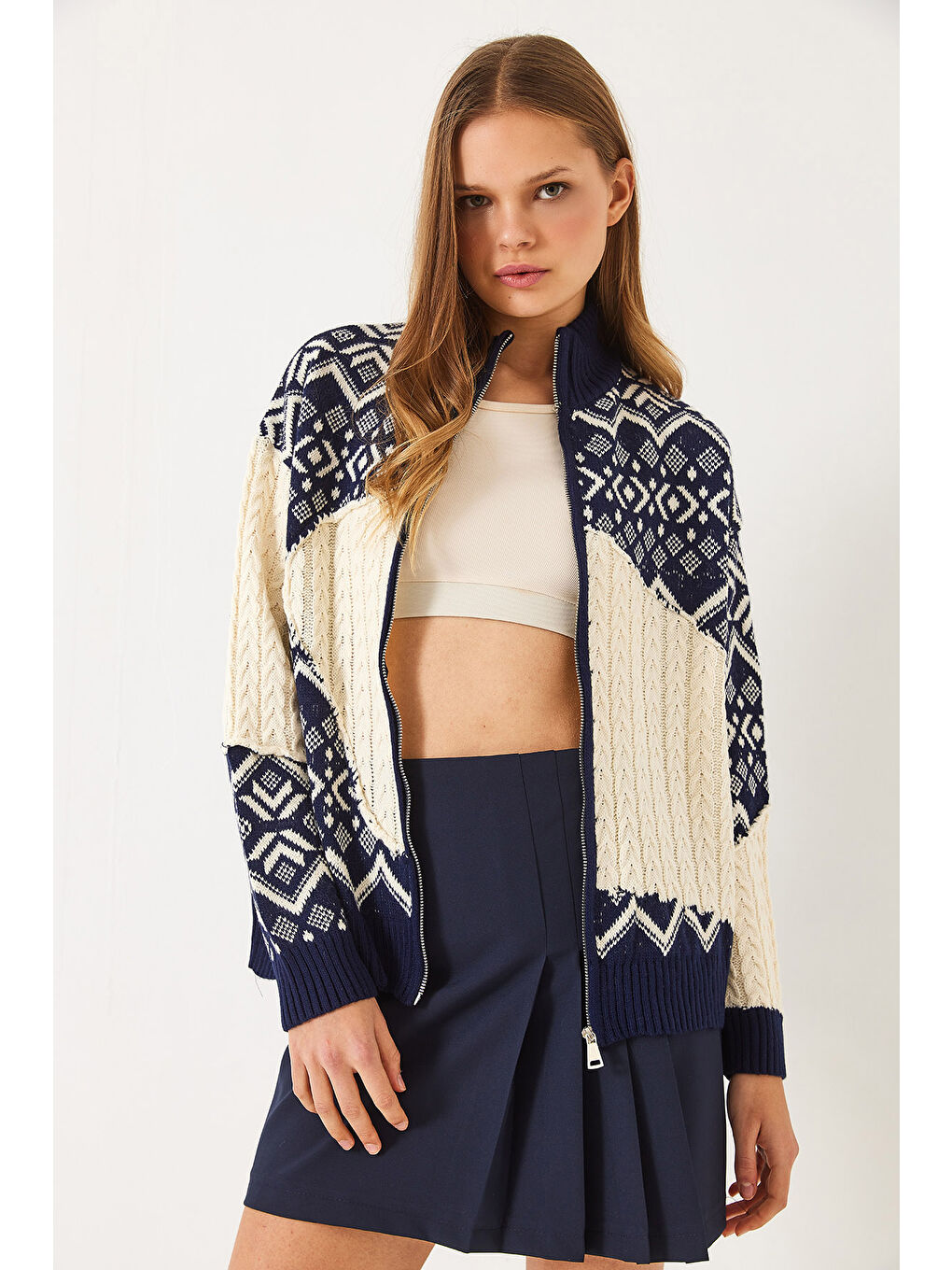 Lacivert Kadın Jakarlı Fermuarlı Triko Hırka-1