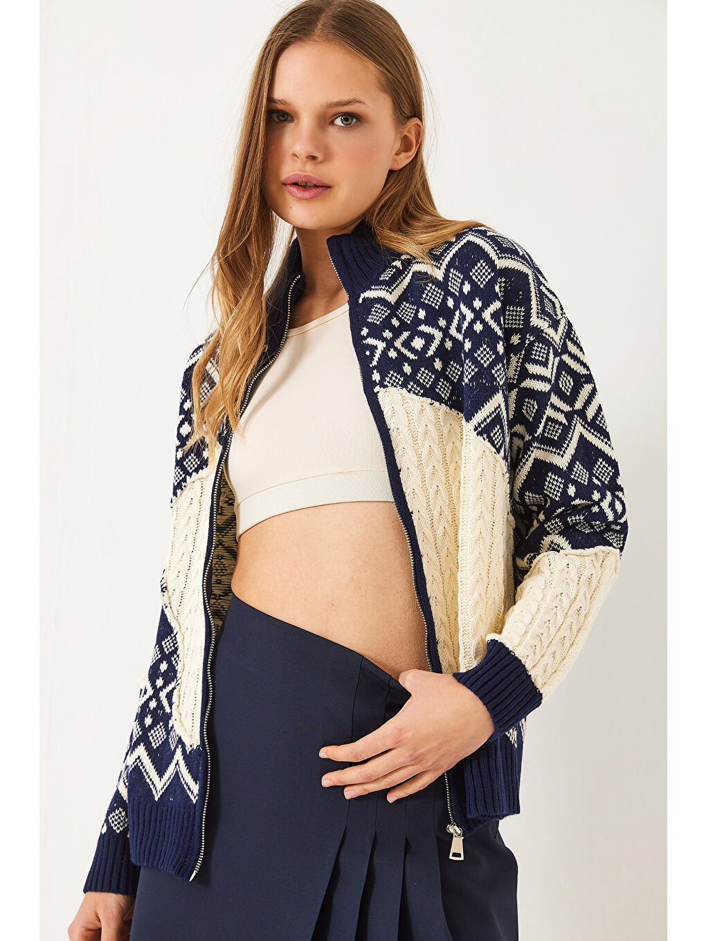 Lacivert Kadın Jakarlı Fermuarlı Triko Hırka-2