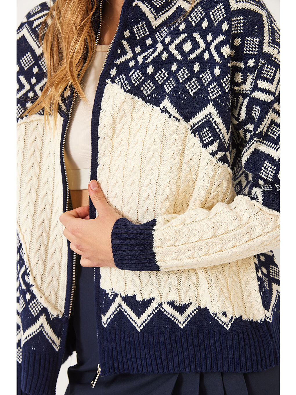 Lacivert Kadın Jakarlı Fermuarlı Triko Hırka-4