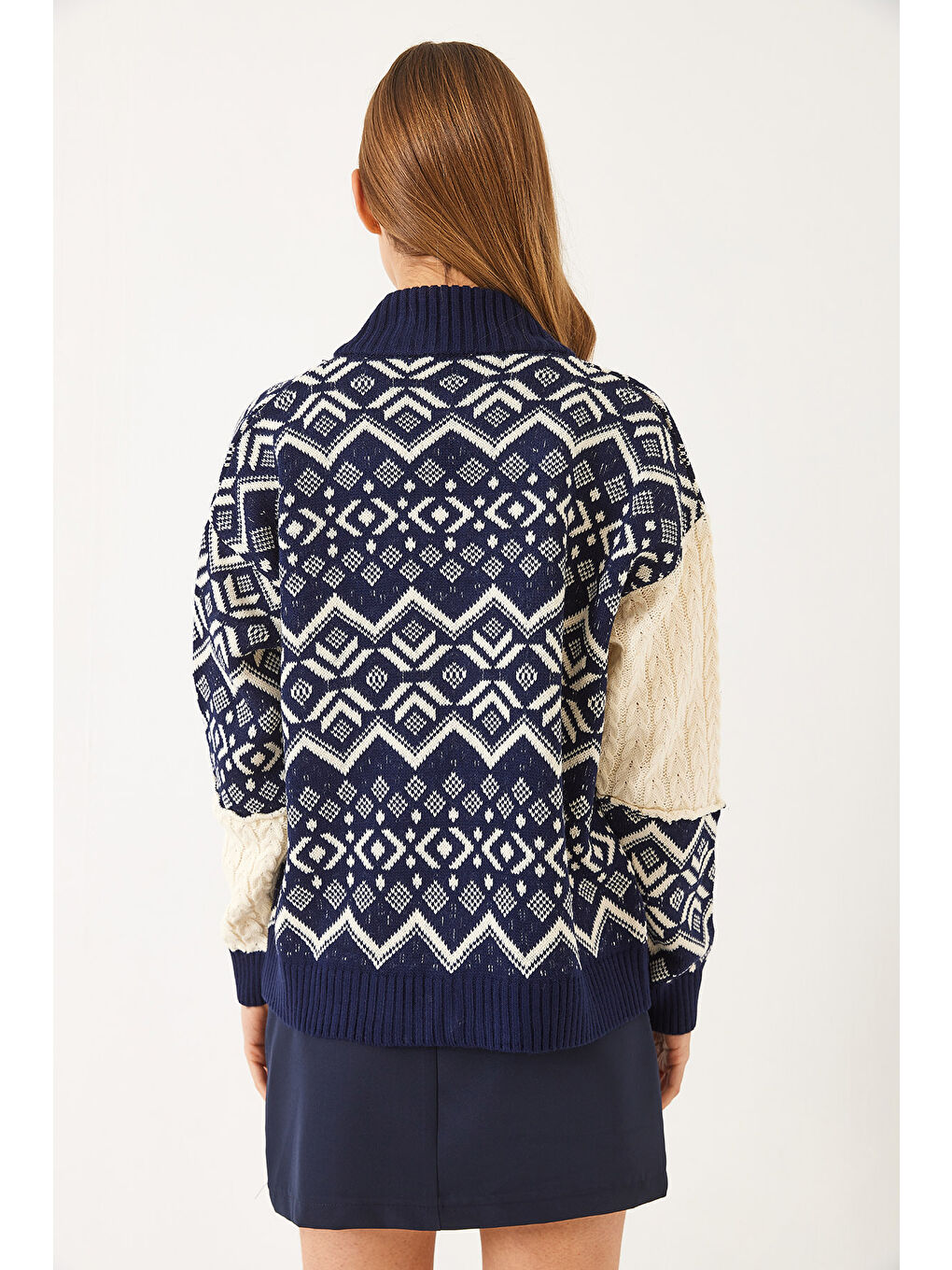 Lacivert Kadın Jakarlı Fermuarlı Triko Hırka-5