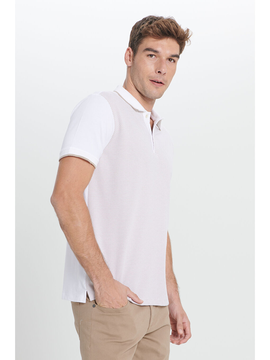 Erkek Bej-Beyaz Slim Fit Dar Kesim Polo Yaka Jakarlı Tişört-2