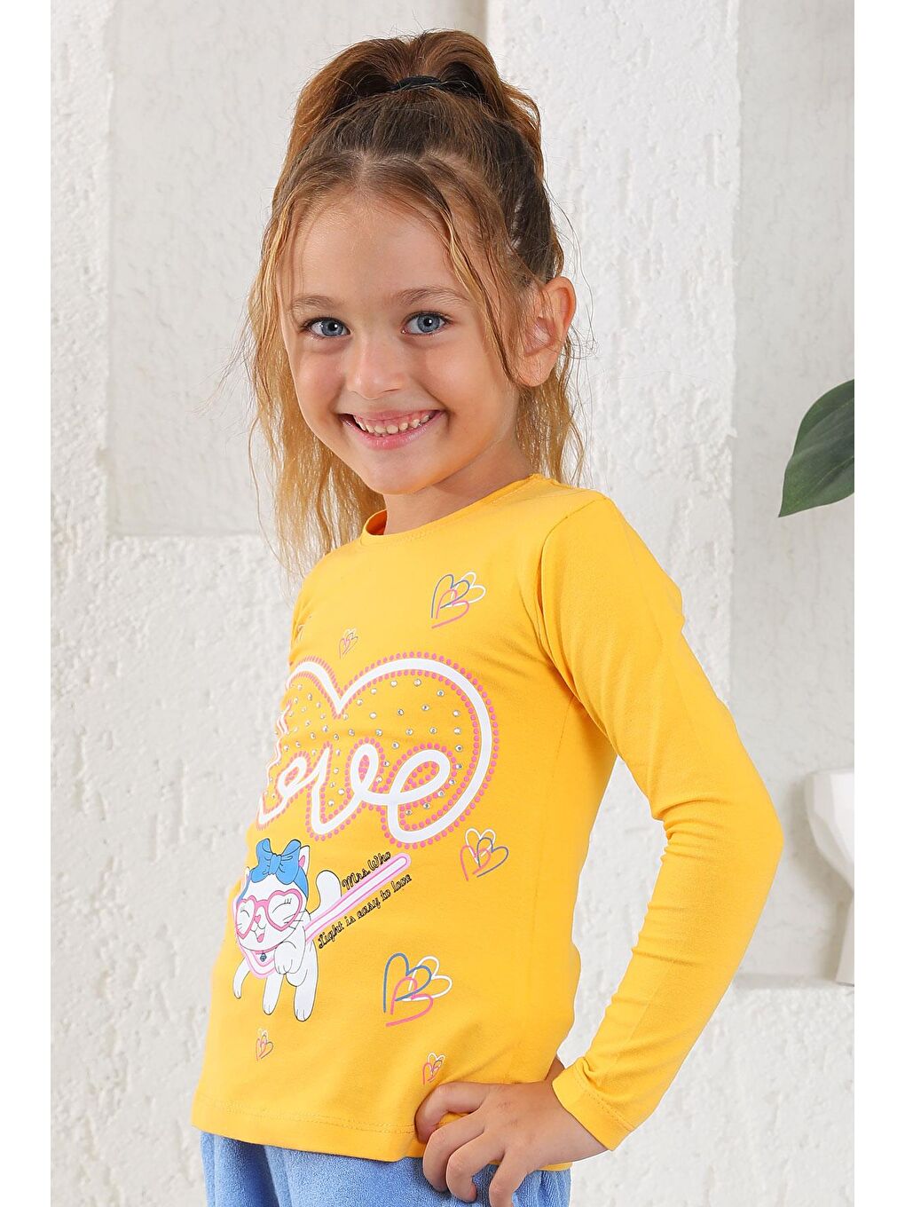 Sarı Bisiklet Yaka Uzun Kol Hardal Renk Kız Çocuk Tshirt