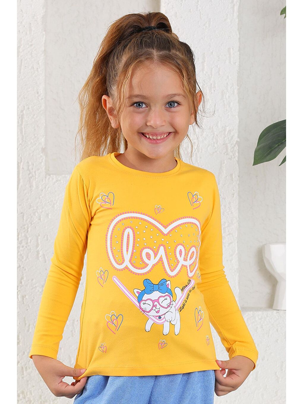 Sarı Bisiklet Yaka Uzun Kol Hardal Renk Kız Çocuk Tshirt-1
