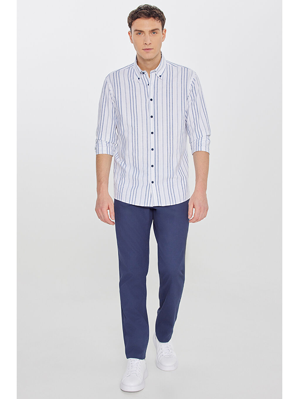 Erkek Lacivert Pamuklu Slim Fit Dar Kesim 5 Cepli Armürlü Esnek Pantolon