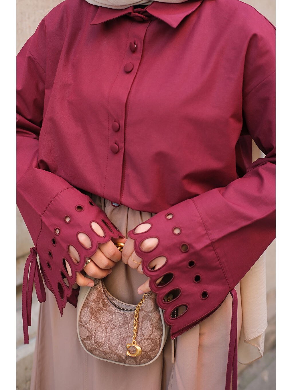 Kadın Kolu Nakışlı Gömlek Bordo-2