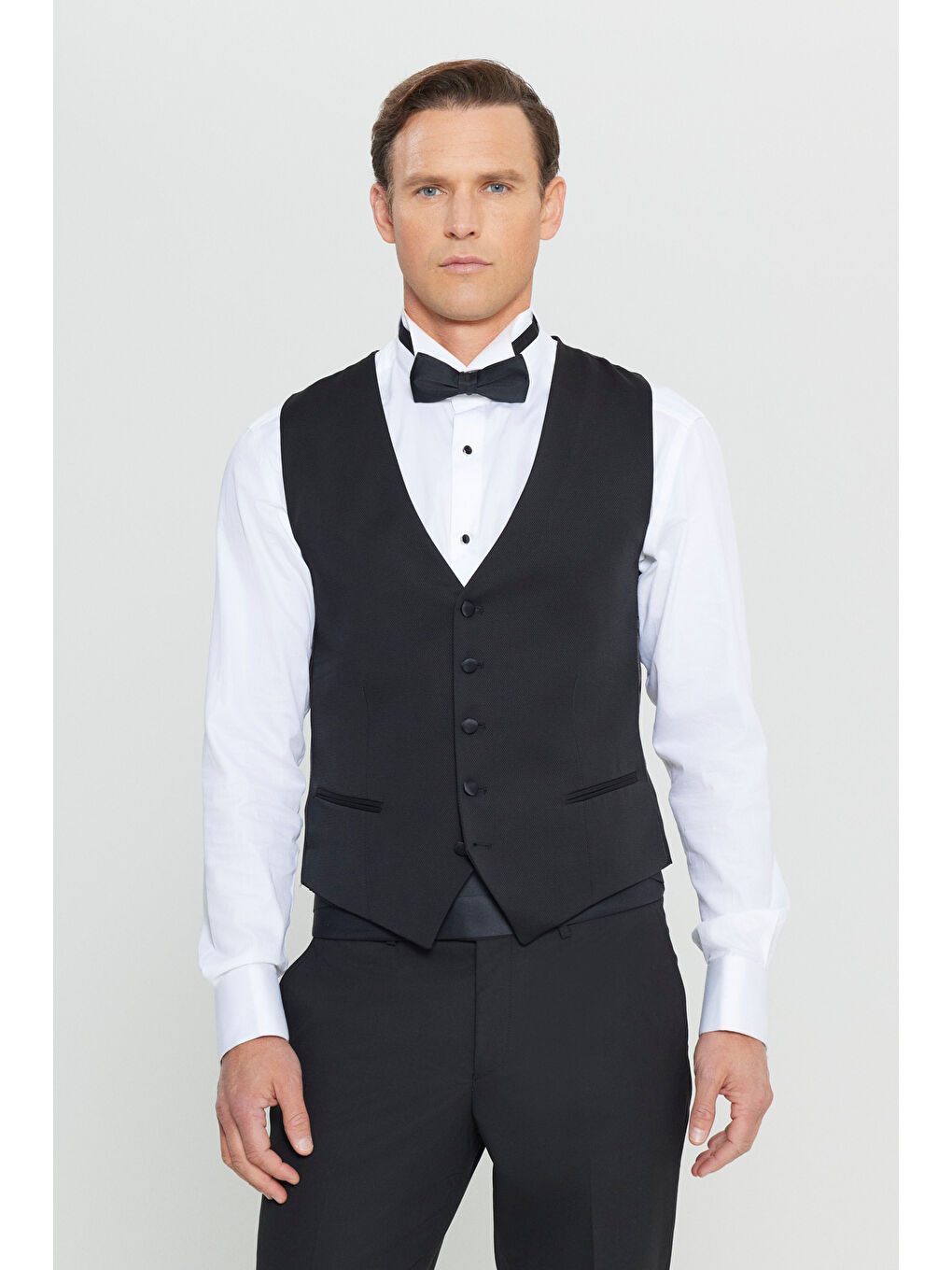 Erkek Siyah Slim Fit Dar Kesim V Yaka Çift Fleto Cepli Klasik Yelek