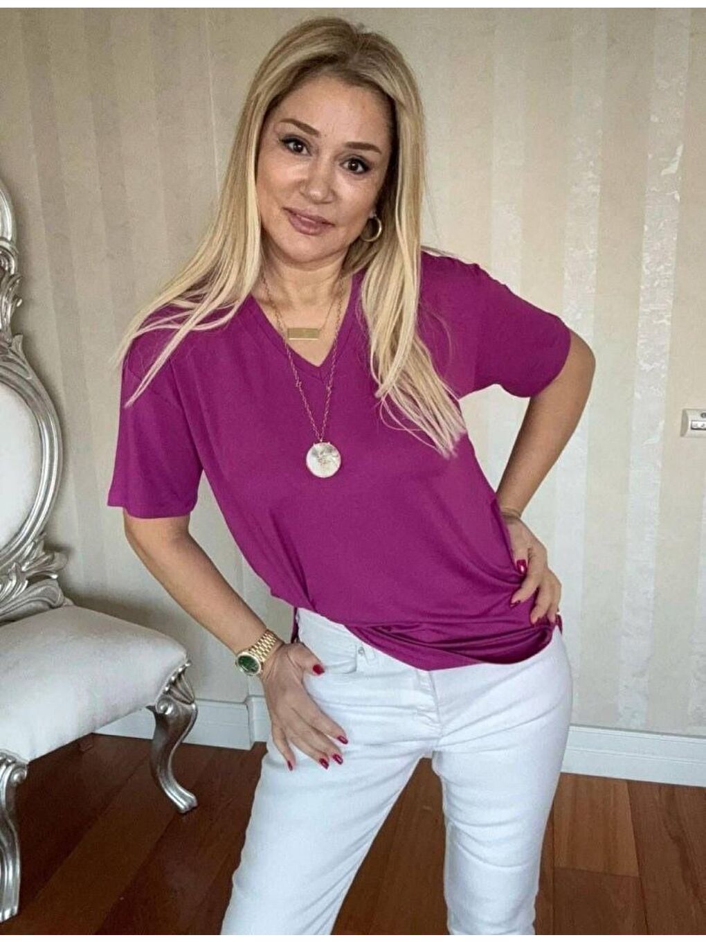 Fuşya Kadın Kısa Kollu V Yaka Bluz