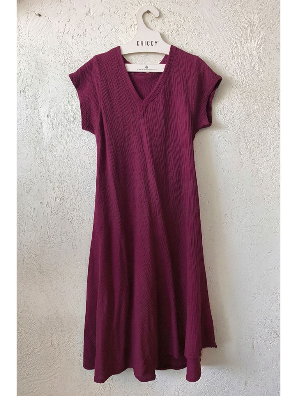 Bordo V Yaka Düşük Kol Yıkamalı Casual Müslin Midi Boy Dokuma Elbise 120 60-6