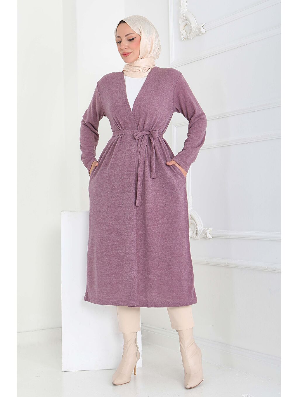 Pembe Cepli Kemerli Uzun Hırka Gul Kurusu - 27950-GUL-KURUSU-2