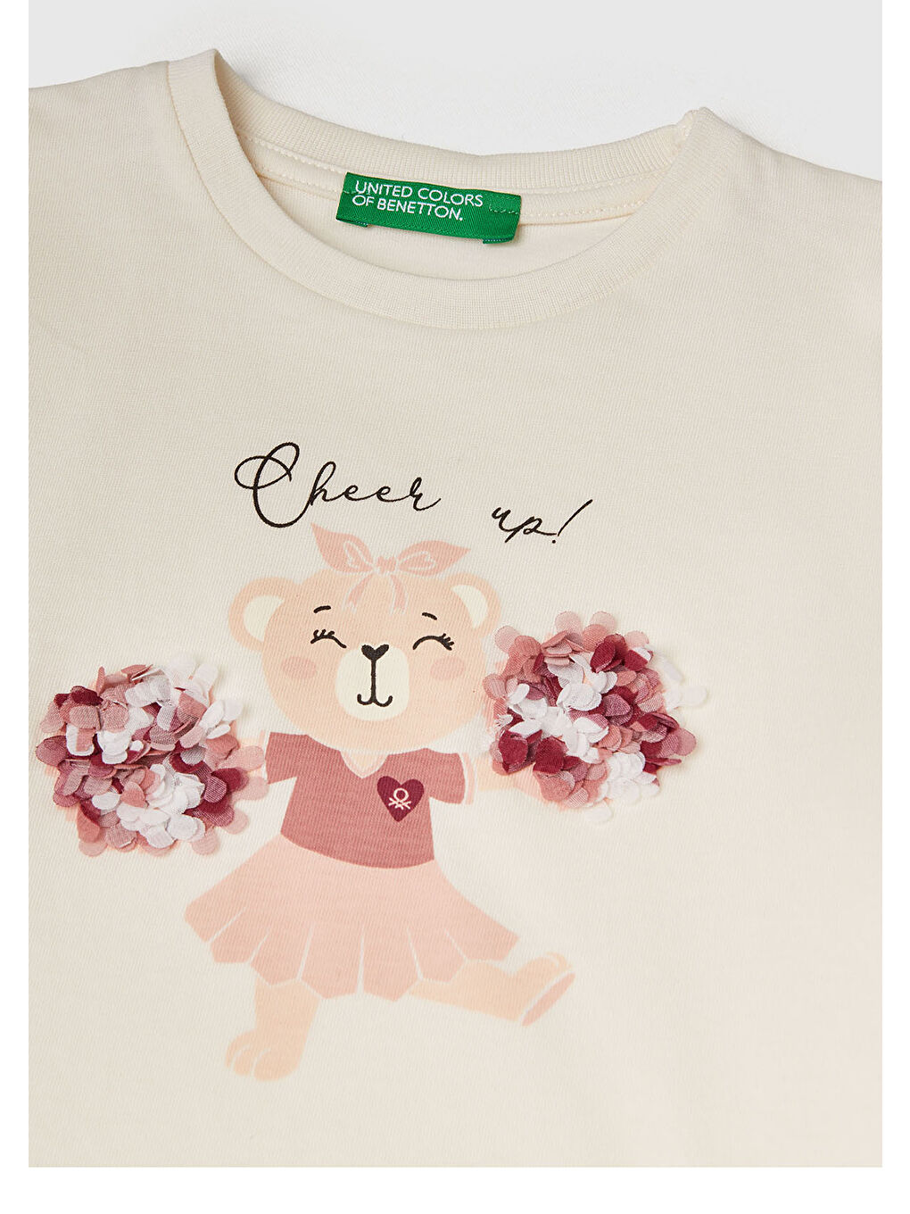 Kız Çocuk Ekru Önü Baskılı Ribana Yakalı Uzun Kollu T-shirt-2