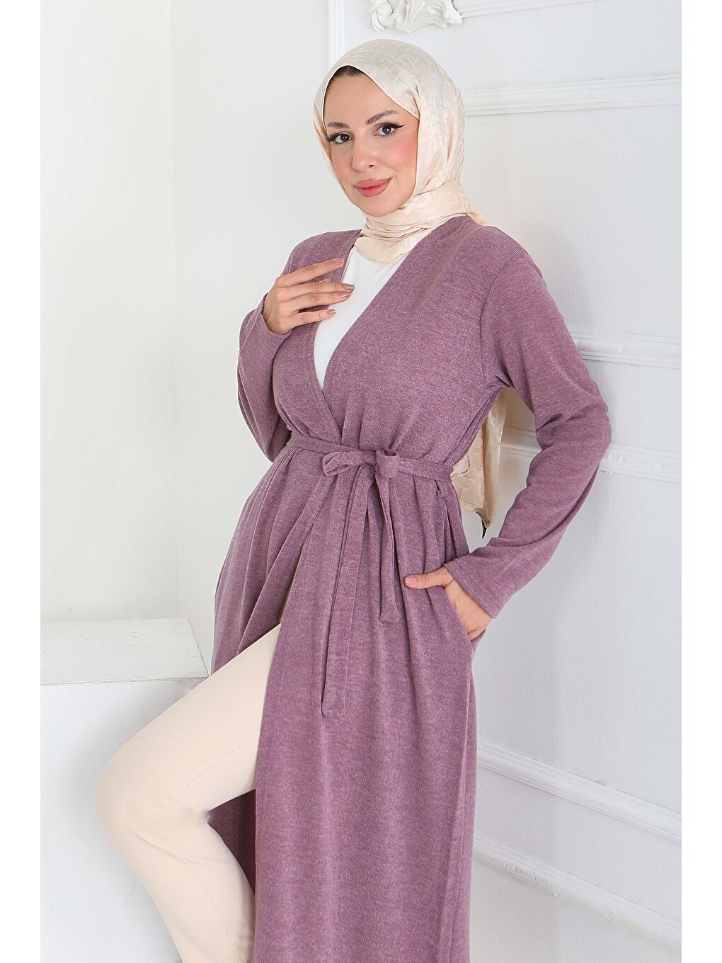 Pembe Cepli Kemerli Uzun Hırka Gul Kurusu - 27950-GUL-KURUSU-3