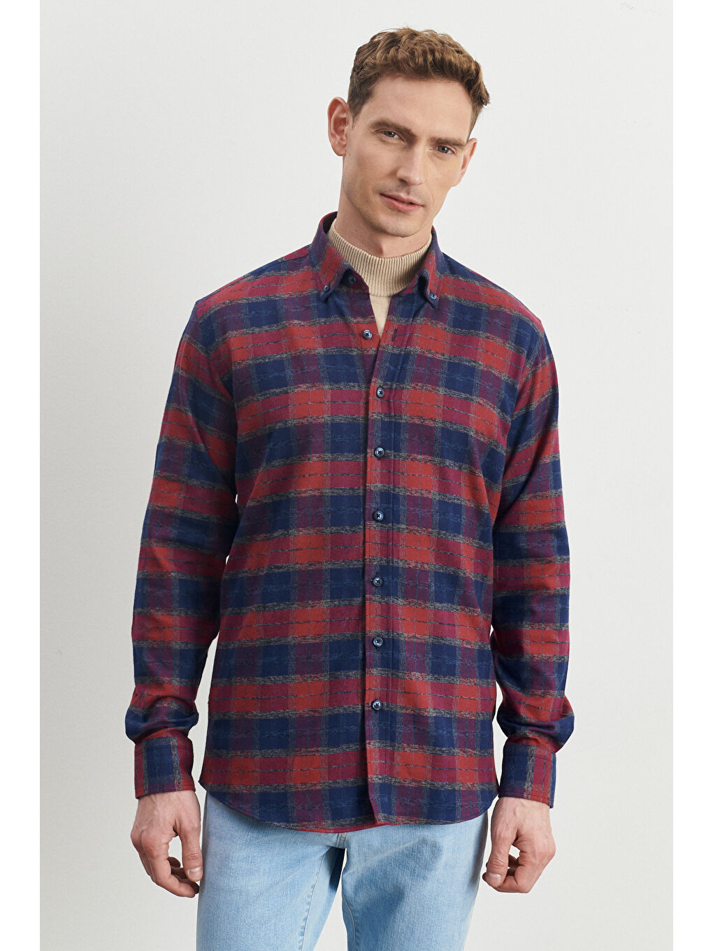 Erkek Lacivert-Bordo Comfort Fit Geniş Kesim Düğmeli Yaka %100 Pamuk Flanel Oduncu Gömlek