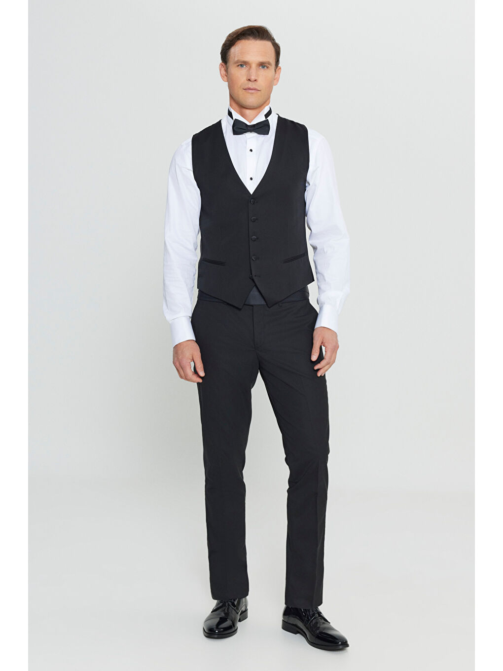 Erkek Siyah Slim Fit Dar Kesim V Yaka Çift Fleto Cepli Klasik Yelek-1