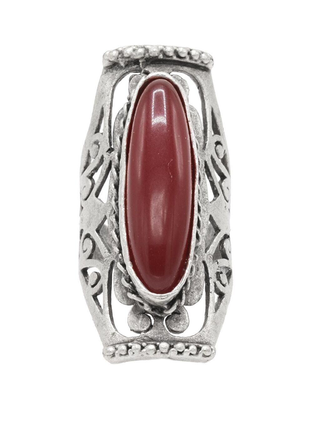 Kırmızı Kadın Antik Gümüş Kaplama Renkli Boncuk Detaylı Ayarlanabilir Otantik Yüzük