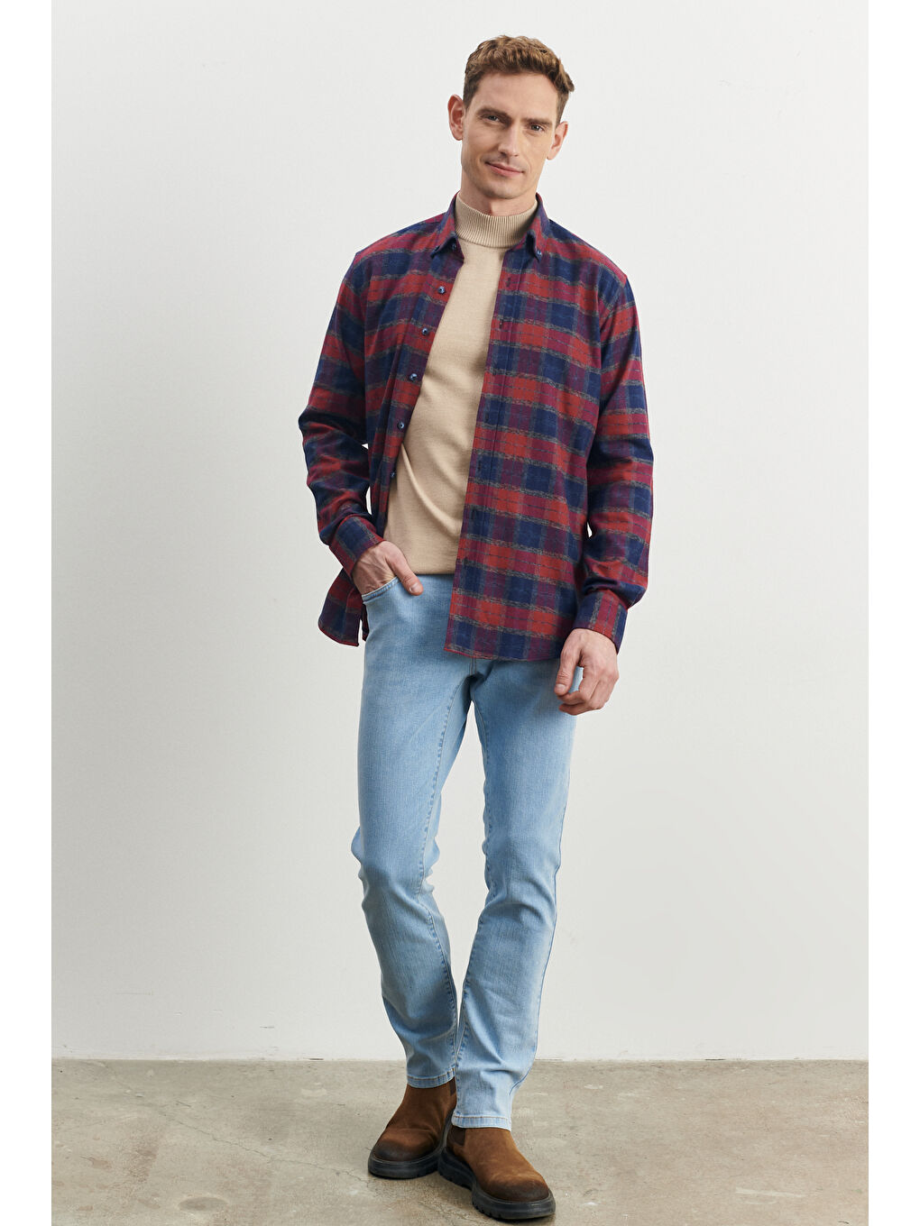 Erkek Lacivert-Bordo Comfort Fit Geniş Kesim Düğmeli Yaka %100 Pamuk Flanel Oduncu Gömlek-1