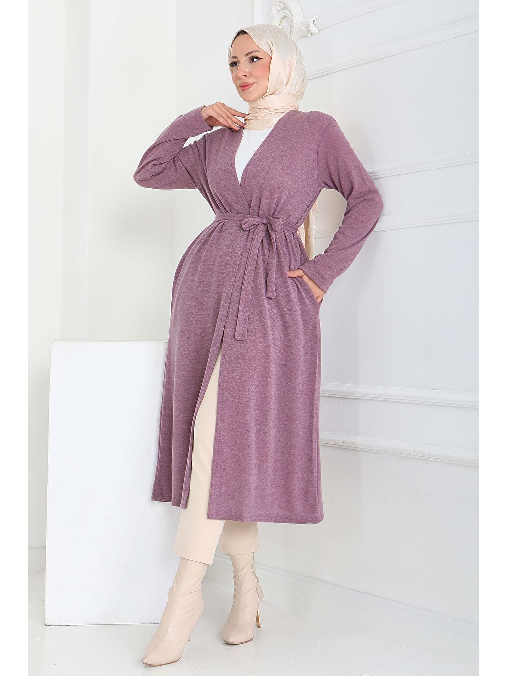 Pembe Cepli Kemerli Uzun Hırka Gul Kurusu - 27950-GUL-KURUSU-4