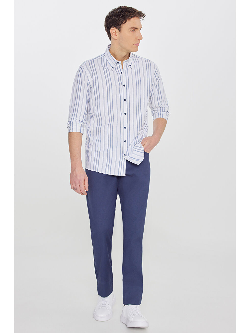 Erkek Lacivert Pamuklu Slim Fit Dar Kesim 5 Cepli Armürlü Esnek Pantolon-2