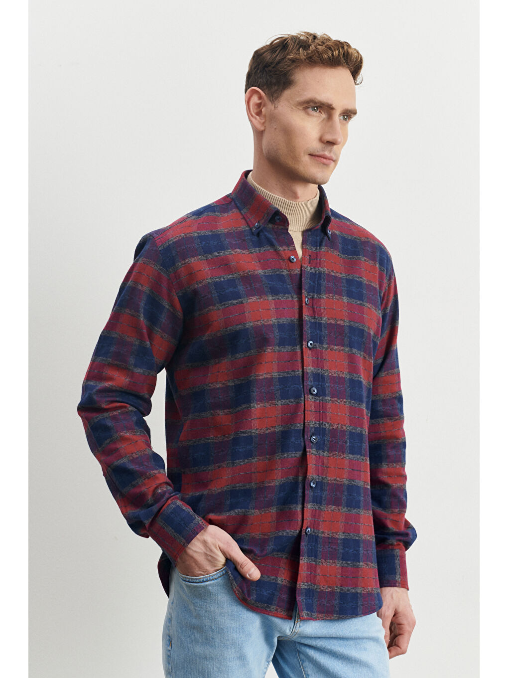 Erkek Lacivert-Bordo Comfort Fit Geniş Kesim Düğmeli Yaka %100 Pamuk Flanel Oduncu Gömlek-2