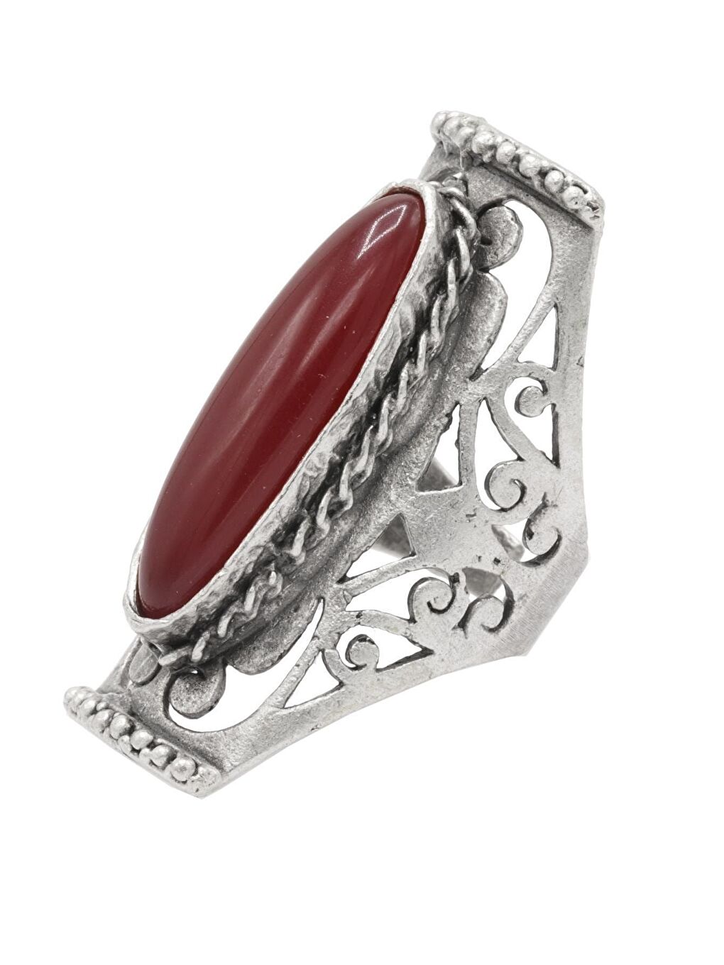 Kırmızı Kadın Antik Gümüş Kaplama Renkli Boncuk Detaylı Ayarlanabilir Otantik Yüzük-1