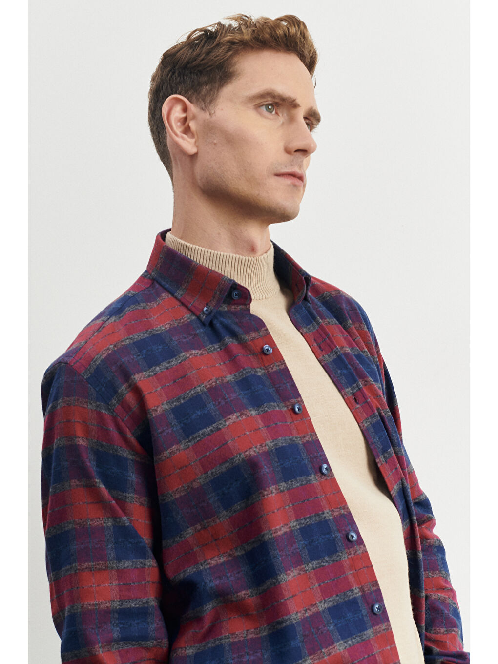 Erkek Lacivert-Bordo Comfort Fit Geniş Kesim Düğmeli Yaka %100 Pamuk Flanel Oduncu Gömlek-3