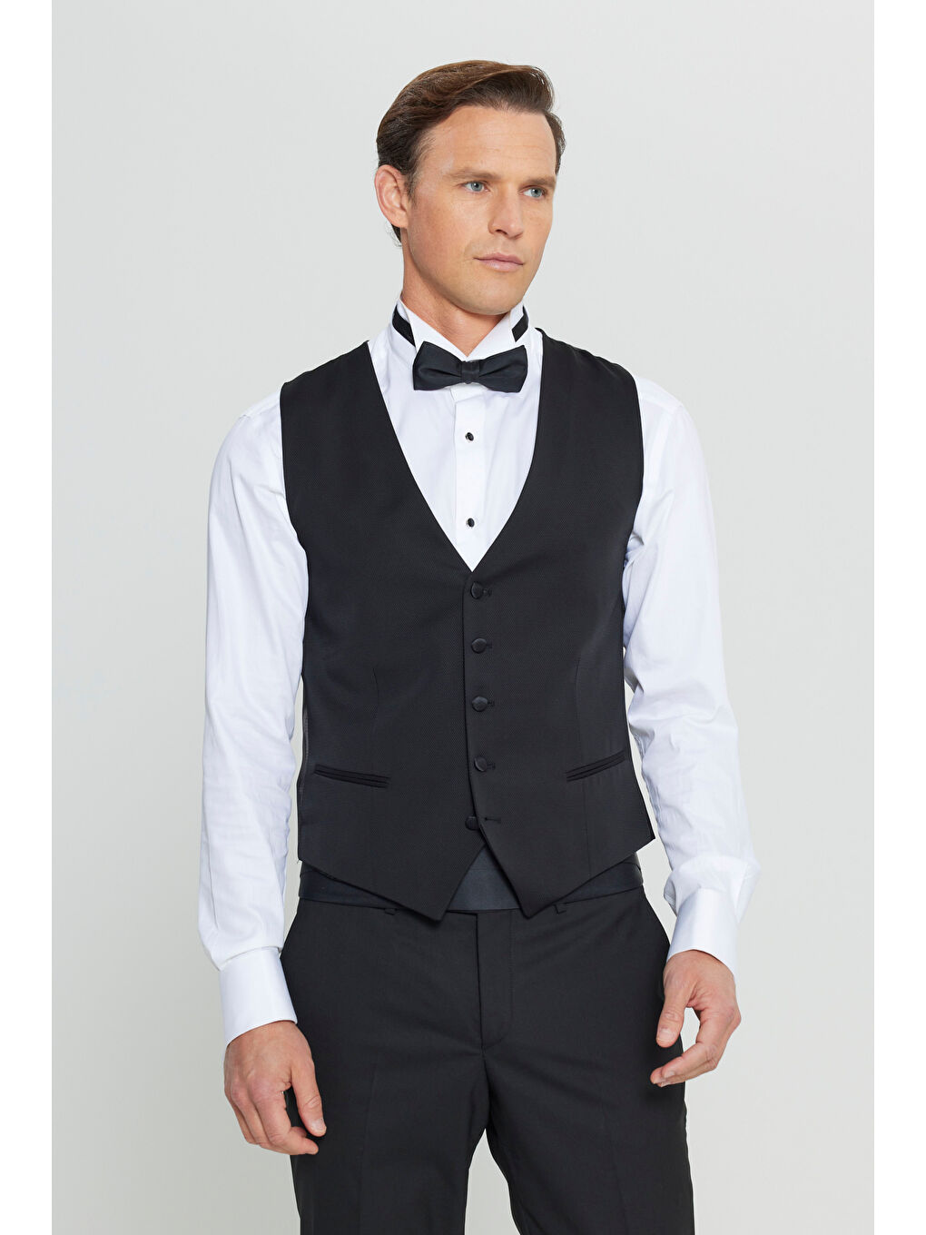 Erkek Siyah Slim Fit Dar Kesim V Yaka Çift Fleto Cepli Klasik Yelek-2