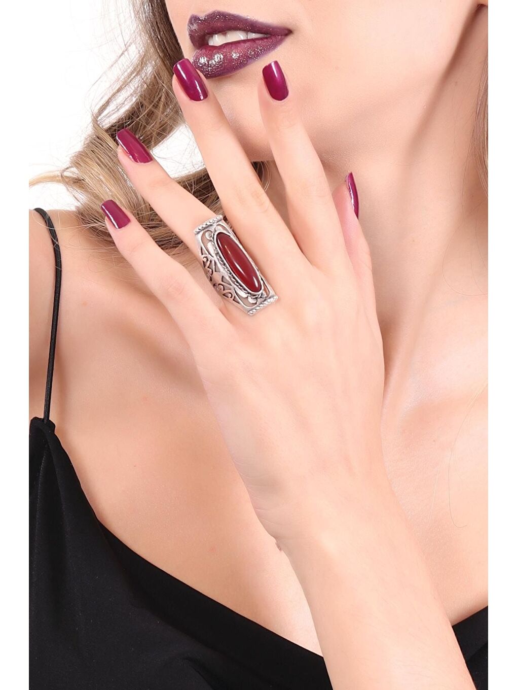 Kırmızı Kadın Antik Gümüş Kaplama Renkli Boncuk Detaylı Ayarlanabilir Otantik Yüzük-2