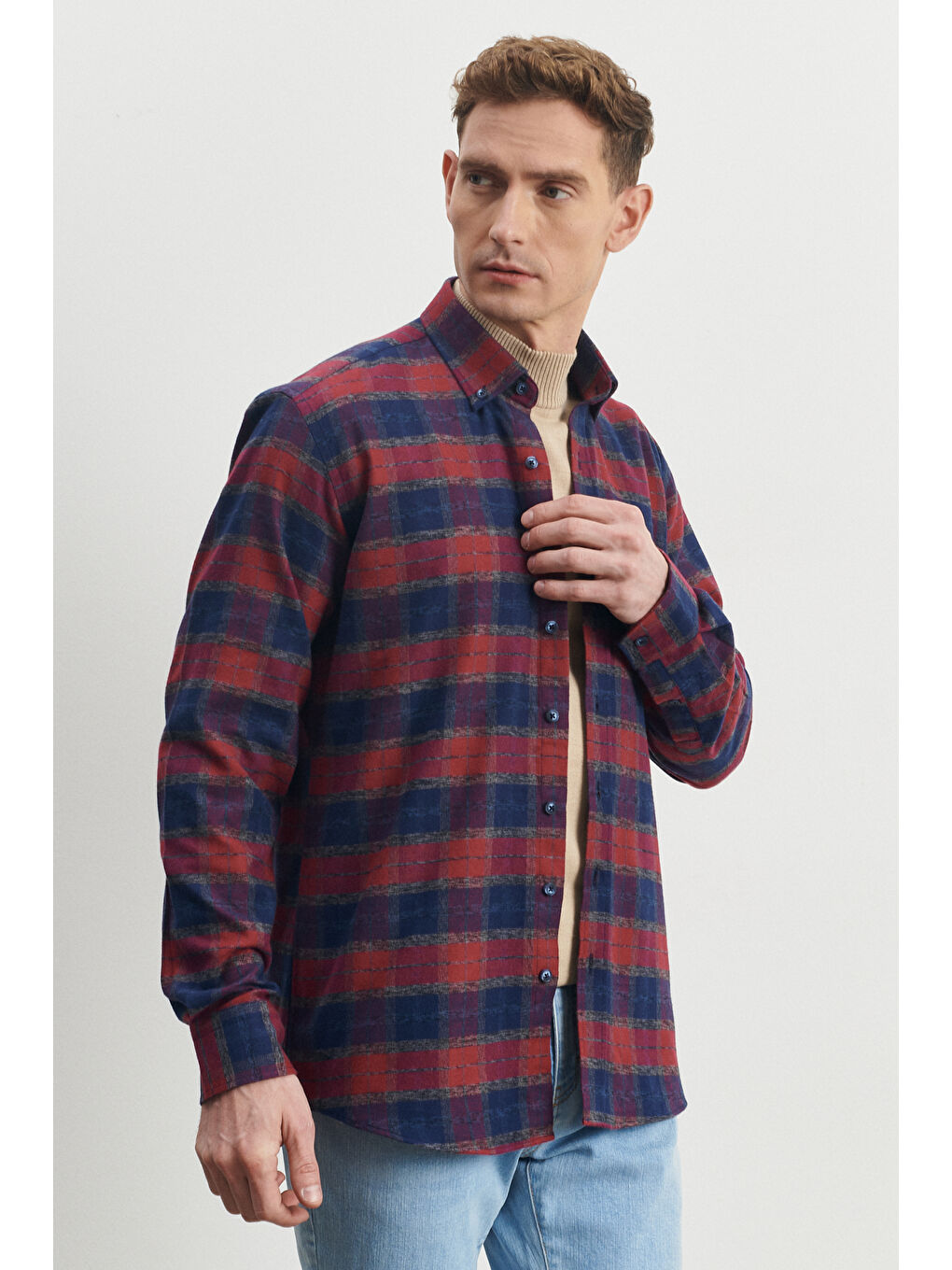Erkek Lacivert-Bordo Comfort Fit Geniş Kesim Düğmeli Yaka %100 Pamuk Flanel Oduncu Gömlek-4