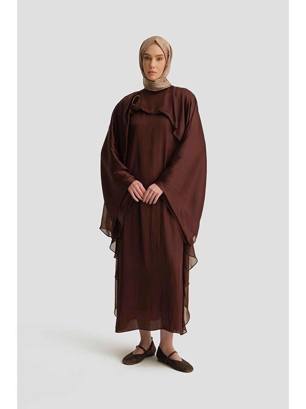 Kahverengi Omuz Tokalı Elbise 25Y9021 Açık Kahve